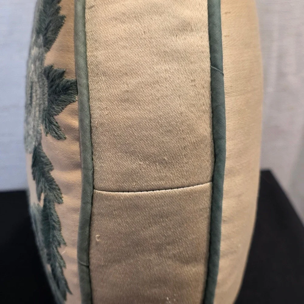 Vintage Asian Round Silk Embroidered Pillow Pagoda Landscape Style Green 14.5in